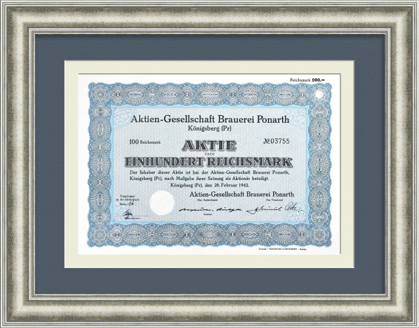 Пивоварня Понарт в Калининграде. Акция на 100 рейхсмарок 1942 года