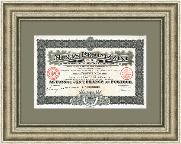 Добыча золота и серебра: акция Minas Pedrazzini на 100 франков, 1924 год