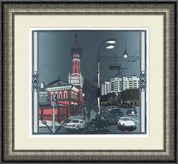 Пожарная каланча в Сокольниках, Москва. Авторская гравюра 