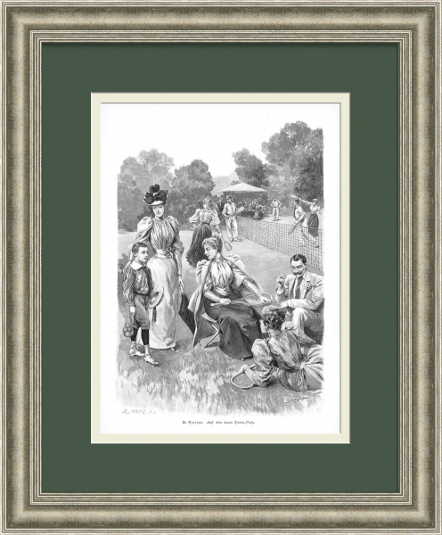 Большой теннис, на корте. Старинная ксилография