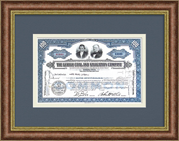 Сертификат на 100 акций 1945 года. Лихайская угольная и навигационная компания