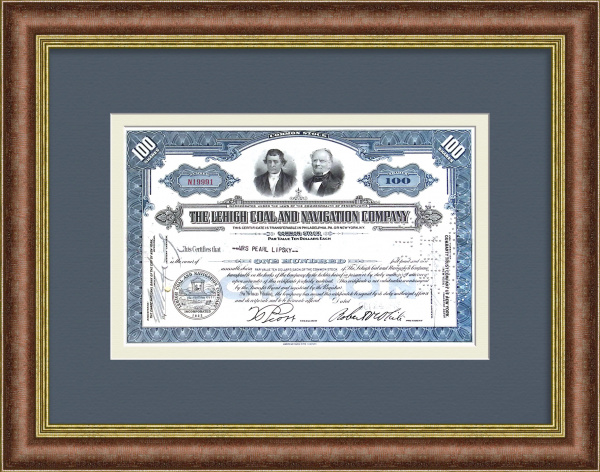 Сертификат на 100 акций 1945 года. Лихайская угольная и навигационная компания