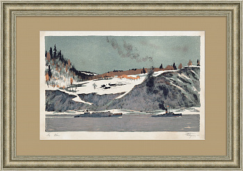 Сплавление леса по реке Оби. Антикварная автолитография