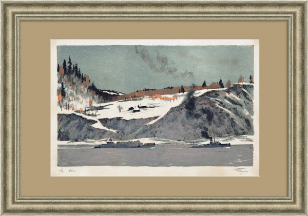 Сплавление леса по реке Оби. Антикварная автолитография