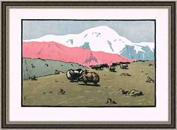 Пастбище в горах. Цветная линогравюра