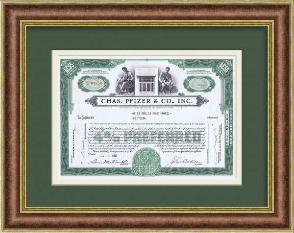 Pfizer, производитель вакцин, сертификат на 15 акций