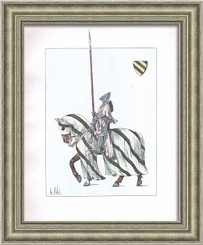 Французский конный рыцарь 14 века в полном военном обмундировании. Старинная гравюра 19 века