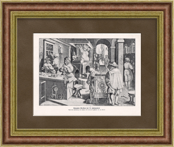 Механики-часовщики в мастерской 16 века. Старинная литография в раме